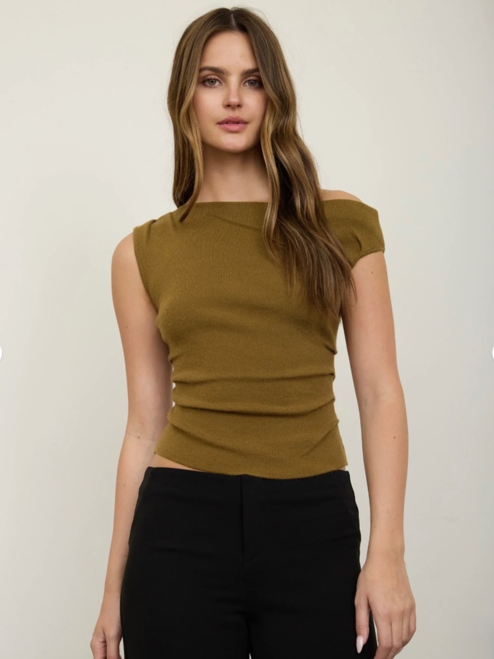 Studio Asymmetric Boat Neck Knit Sweater in Moss Green Sm Med Lg